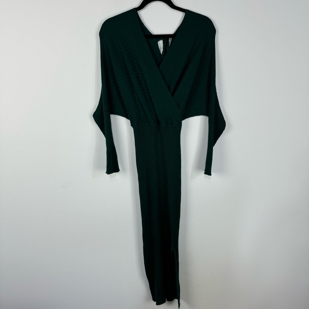 Pink Lily Forrest Green Knit V Neck Bodycon Open Back Slit Sweater Dress Midi